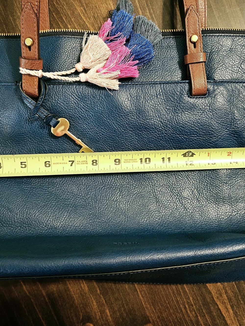Fossil Teal Blue Women's Leather Tote Bag with Tassel Accent